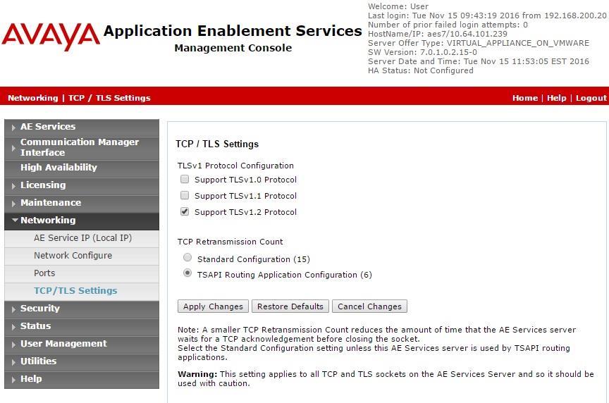 6.4. Administer TCP Settings Select Networking TCP/TLS Settings from the left pane, to display the TCP / TLS Settings screen