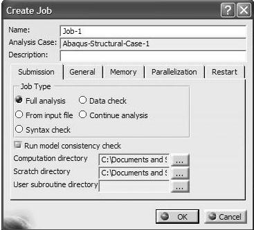 Elastic-plastic Analysis of a Notched Plate 3-17 Creating an ABAQUS Job: Select the Create Job icon from the Analysis Control. The dialogue box shown below appears.