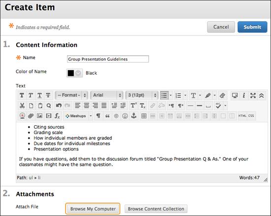 Simply click Browse Course or Browse Content Collection to locate the file on your computer and upload it -OR-