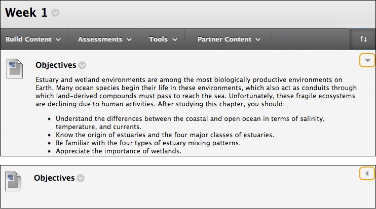 HIDE and SHOW DETAILS If an item in a content area, such as an assignment, test, folder, or content item has a description or instructions, you can use the Hide Details function to collapse the text.
