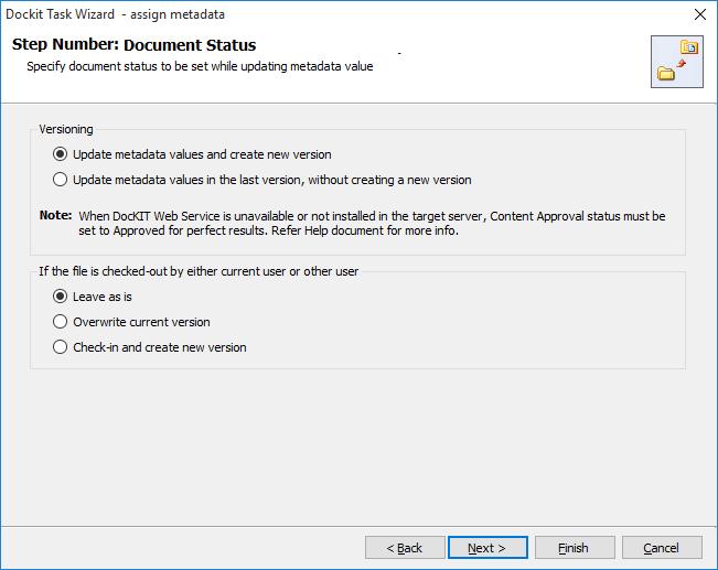 Document Status When assigning metadata to documents in SharePoint libraries, Dockit can update the metadata in the latest version of the document, with or without creating an additional version.