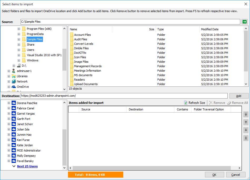 4. Select items to import dialog contains a textbox (top), tree-view (top-left) and a listview (top-right), which provides explorer like view to select folder / file to import.