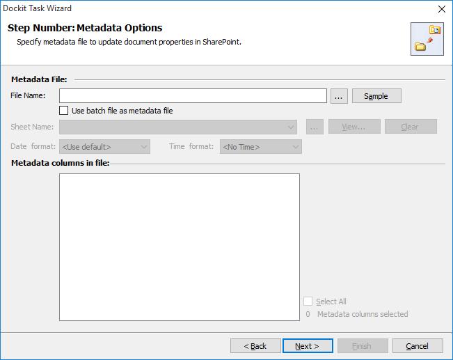 Metadata Options To specify the external metadata file to use and mapping template to assign document properties in SharePoint: 1. The Metadata Options step appears as shown below: 2.