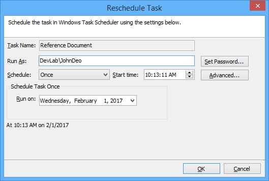 Reschedule Task Use this tool to Reschedule Task in Windows Task Scheduler interface to automatically run the import tasks at scheduled intervals.