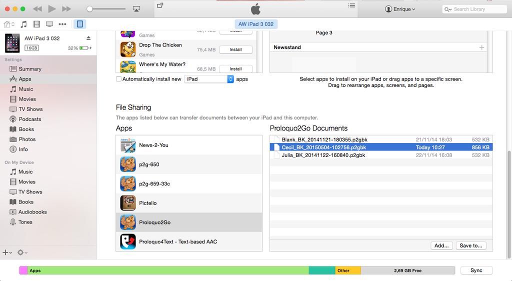 Save and Restore Backups using itunes File Sharing Save Backups Select your Device In itunes, click on the device icon in the upperleft corner of the itunes window.