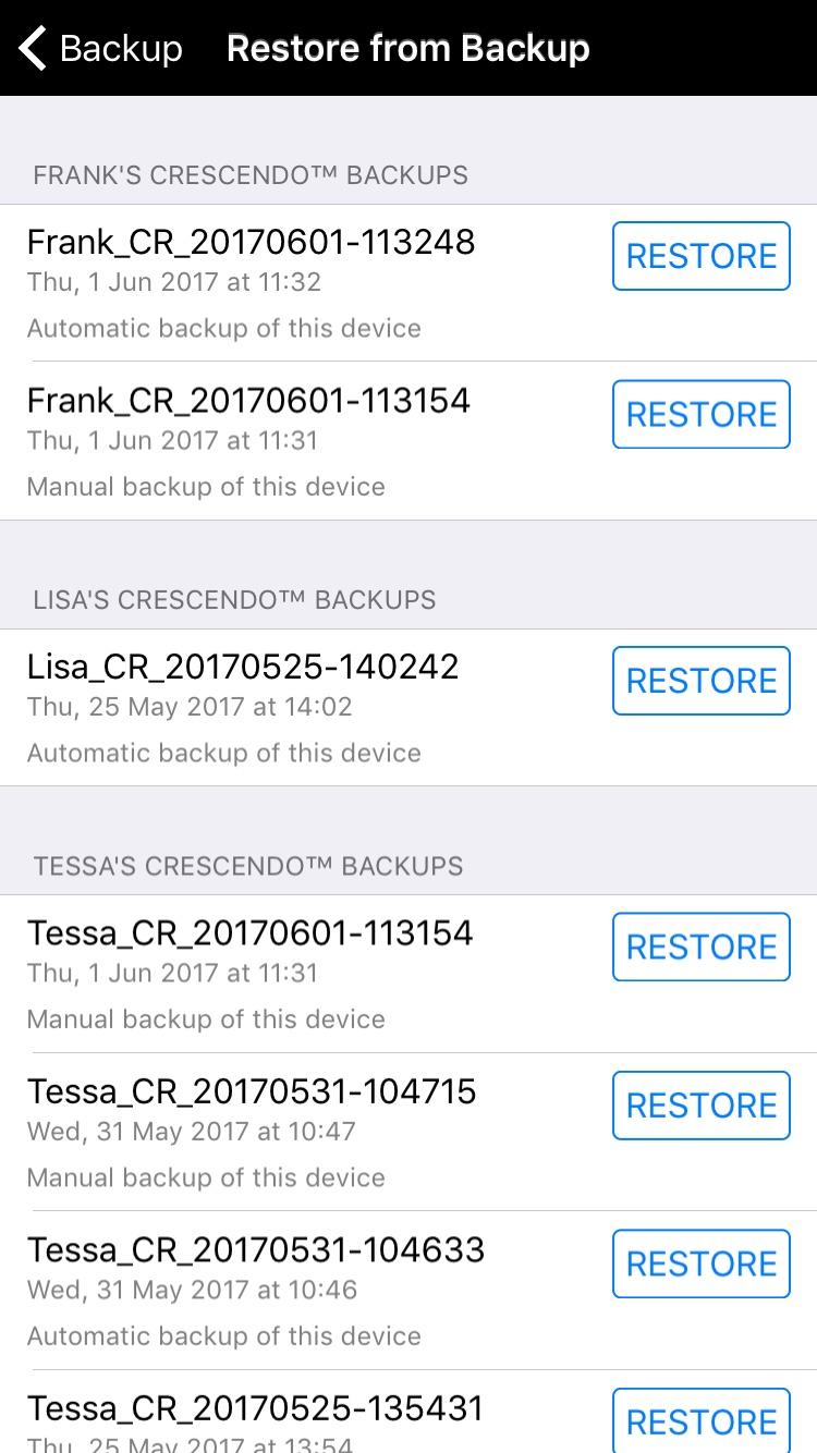 Save and Restore Backups using itunes File Sharing Restore a Backup Go to Restore from Backup Once you have copied a backup from your computer to your device, go to Options,