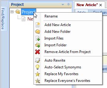 4. The options in the context menu allow you to do the following: Rename Add New Article Add New Folder Import Files Rename the Project or Article.