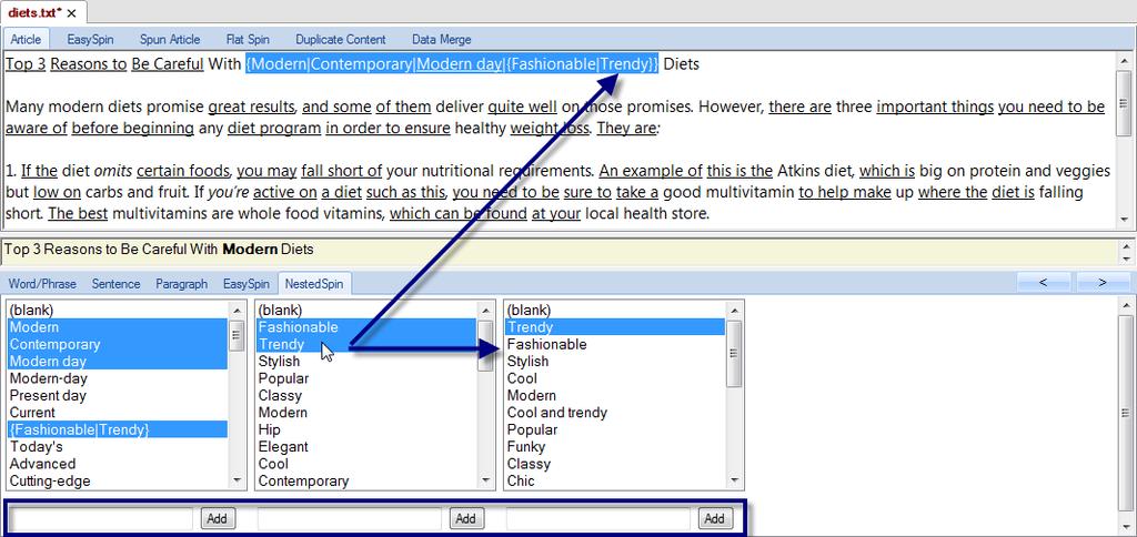 6. Note the Add box at the bottom of every list of synonyms. This gives you the option to manually add synonyms. 7.