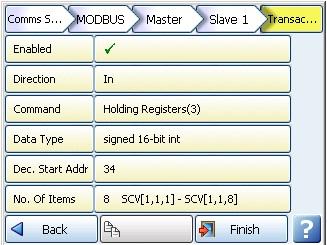4) Integer Format, Read Holding Register function code 03 Open a Transaction. Unassigned Transactions show up as red X, pick one.