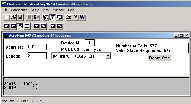Modscan32: A generic Modbus master application, like Modscan32 reads Acromag Function Code 04, read Input Registers: Note that the