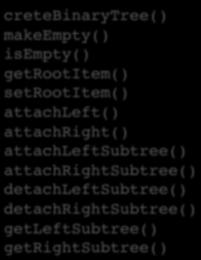 General operacons Root! Left subtree! Right subtree cretebinarytree()! makeempty()! isempty()! getrootitem()! setrootitem()! attachleft()! attachright()! attachleftsubtree()! attachrightsubtree()!