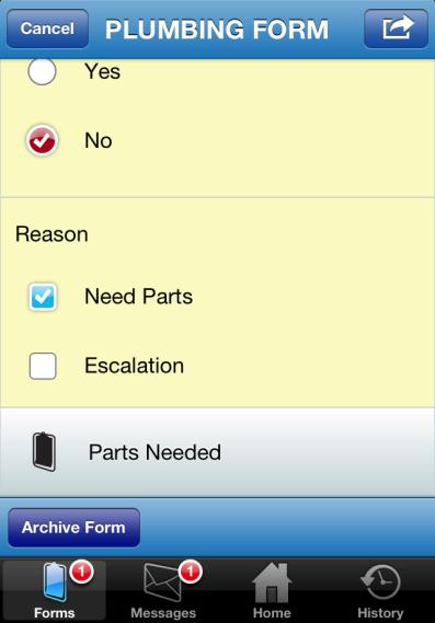 Using the Application 8. Enter the reason for the job status, and continue to the Parts Needed repeatable forms. 9.