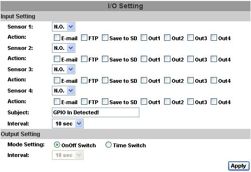 ii. This function is only enabled in wire connection. I/O Setting: a. Input Setting: 1. Input 1 Action: E-mail/ FTP/ Out1/ Out2/ Out3/ Out4/ Save to SD Card. 2.