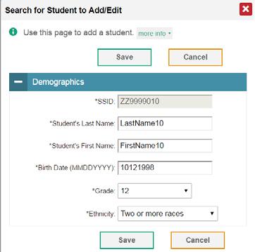 Click Continue on the affirmation message to return to the Search for Student to Add/Edit page.