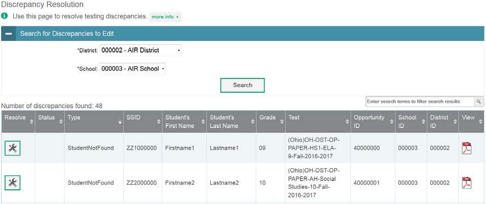 After Testing To resolve student-not-found discrepancies by associating a student: 1. From the Data Cleanup task menu on the TIDE dashboard, select Discrepancy Resolution.