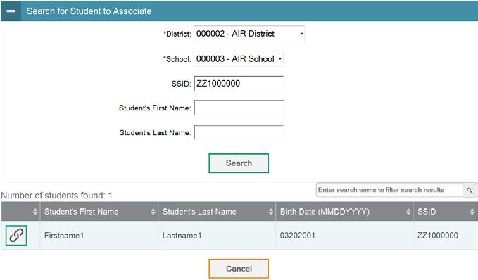 After Testing 5. If the student with whom you want to associate the test exists in TIDE, click in the Associate column. The Search for Student to Associate panel appears (see Figure 68)