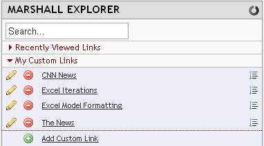 Modifying Menu Links Within the "Marshall Explorer", you can move links, add custom links, and remove custom