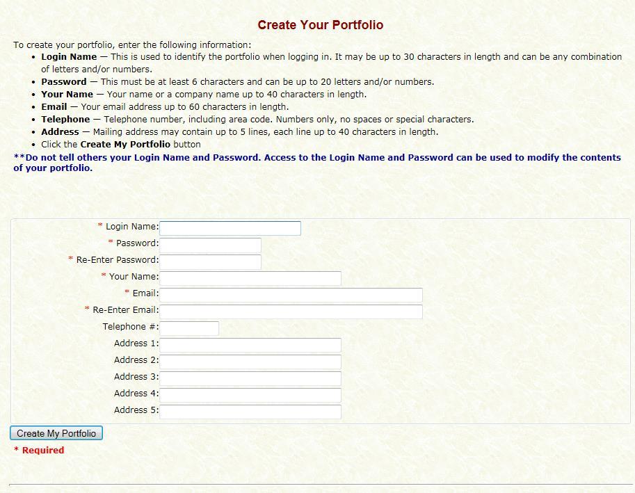 2. Enter the required information in the CREATE YOUR PORTFOLIO webpage
