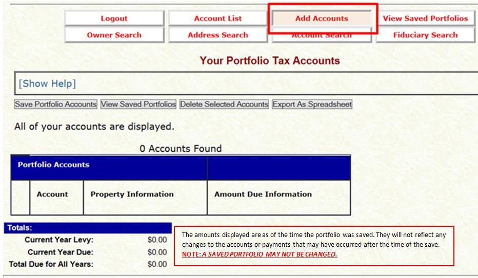 4. Your Portfolio Tax Accounts webpage will be displayed as shown below.
