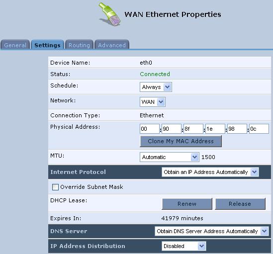 User's Manual To configure the WAN Ethernet connection: In the 'WAN Ethernet Properties' screen, click the Settings tab; the following screen opens: Figure 10