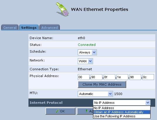 For WAN Ethernet 2 (VLAN ID 200), configure this interface to Obtain IP Address Automatically.