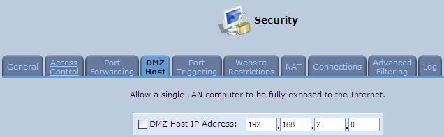 User's Manual To designate a local computer as a DMZ Host: 1. From the sidebar menu, click the Security menu, and in the screen 'Security', click the DMZ Host tab; the screen 'DMZ Host' opens.