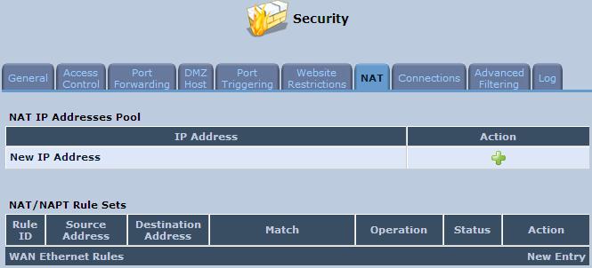 MP-20x Telephone Adapter 13. Security To define NAT: 1. From the sidebar menu, click the Security menu, and in the screen 'Security', click the NAT tab; the screen 'NAT' opens.