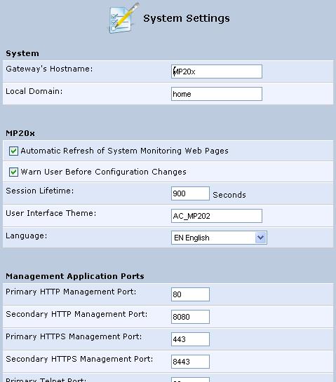 User's Manual 14.20 System Settings The screen 'System Settings' allows you to configure various system and management parameters. To configure MP-20x's system, settings: 1.