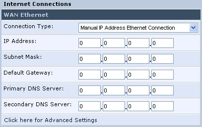 MP-20x Telephone Adapter 3. Setting up a Network Connection 3.2.2.1.2 Manual IP Address Ethernet Connection To configure manual IP address connection: 1.