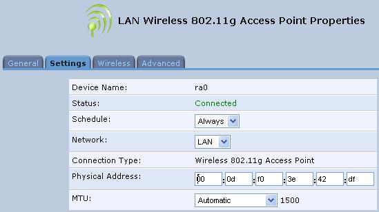 MP-20x Telephone Adapter 9. LAN Wireless Connection 9.2 Settings Tab The Settings tab displays the connection's general parameters.