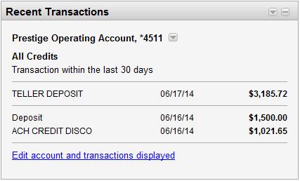 About the Recent Transactions Panel The Recent Transactions panel allows company users to view specific transactions from the last 30 calendar days for an entitled checking, savings, or credit card