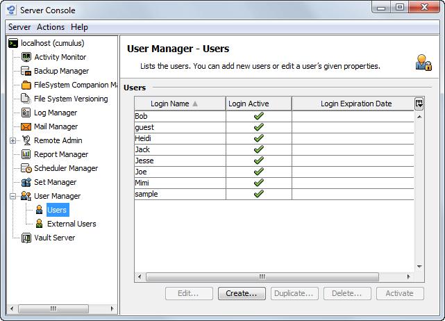 102 CUMULUS ADMINISTRATOR GUIDE User Types Creating Users The User Manager has two sections, corresponding to two user types: Users and External Users.