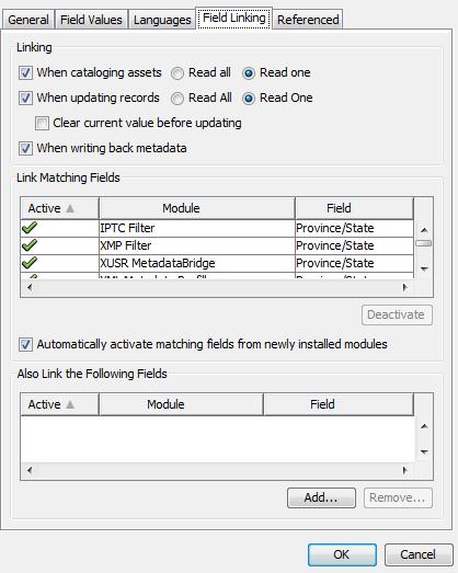 MANAGING CATALOGS CATALOG SETTINGS 37 Overview: Field Properties Field Linking Tab Linking 1 When cataloging assets, the selected record field will be filled automatically.