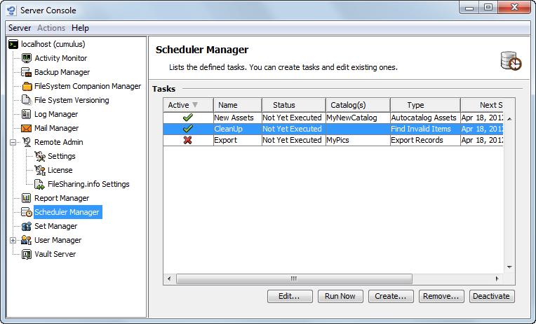 SERVER CONSOLE SCHEDULER MANAGER 93 To set up a Scheduler Task with the Scheduler Manager: 1. Select the File > Administration > Server Console, or connect to the Web Server Console via a Web browser.