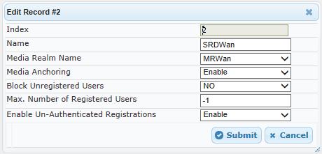 Configure an SRD for the SBC's internal interface: Parameter Value SRD Index 1 SRD Name Media Realm Name SRDLan (descriptive name for SRD) MRLan (associates SRD with