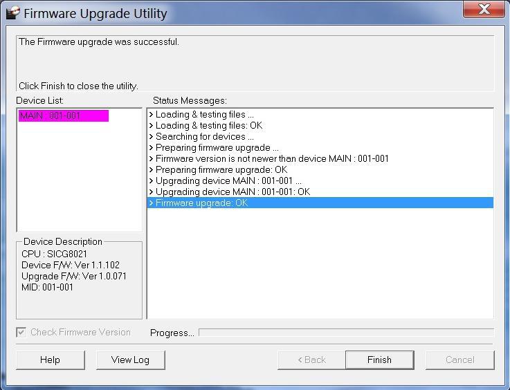 Step 8 When the firmware upgrade is done, you will see Firmware upgrade OK in the Status Messages window.