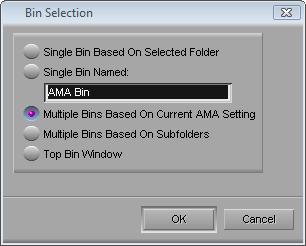 When scanning one or multiple folders of GFCAM content, this dialogue box appears, asking where you want to place the contents of this folder within the bin structure of your project.