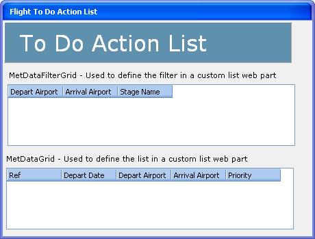 Metastorm BPM Release 7.6 Figure 81: To Do Action List Admin Form 2. Select the MetDataGrid. 3. In Properties, select the Grid tab. Set the properties as follows: Tables ealert, Flight Rows (ealert.