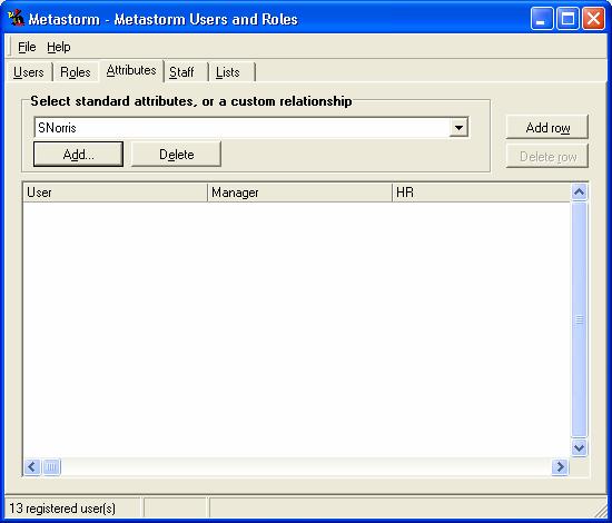 Administration Guide Figure 50: Attributes Tab Relationship defined 5. Place your cursor in the User column and click once. A drop-down list of all registered users appears. 6.