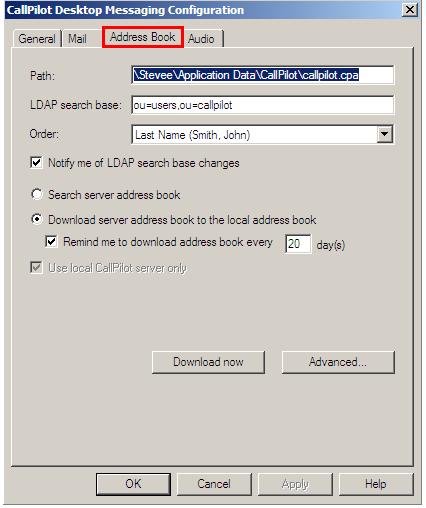 The Address Book Tab. Use the Address Book tab to download the CallPilot Address Book from the server. This Address Book contains the names and addresses of all users on your CallPilot system (BCM).