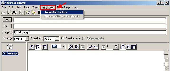 Fax Annotation 1. To annotate a fax, Click on the Annotation menu. CallPilot Unified Messaging 2. The Annotation toolbar will be displayed.