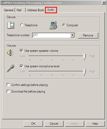 Changing Your Default Audio Device and Telephone Number You may wish to change the default audio device to utilse message playback for example, from a PC configured with speakers.