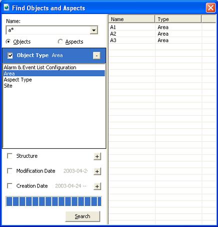 The Main Menu, Toolbar and Context Menus Section 5 Import/Export Figure 10. The Find Dialog Box The example above shows a search for all objects starting with the a letter of the Area object type.