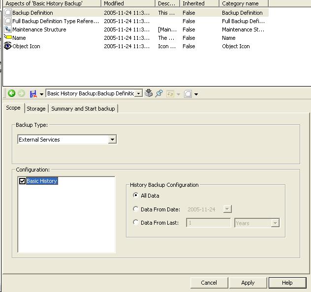 Section 6 Backup and Restore Basic History Service Data 3. Select the created object and its Backup Definition aspect. It has three tabs: Scope, Storage and Summary and Start Backup tab.