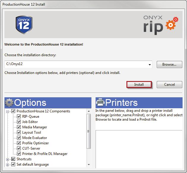 6. Optional - Change the path s drive letter if you want to install ONYX on a different hard drive. Do not change the folder name. 7. In the lower right, check mark your printers*. 8.