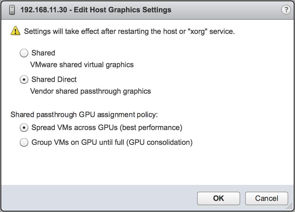 Installing and Configuring NVIDIA GPU Manager Figure Host graphics settings for vgpu In this dialog box, you can also change the allocation scheme for vgpu-enabled VMs.
