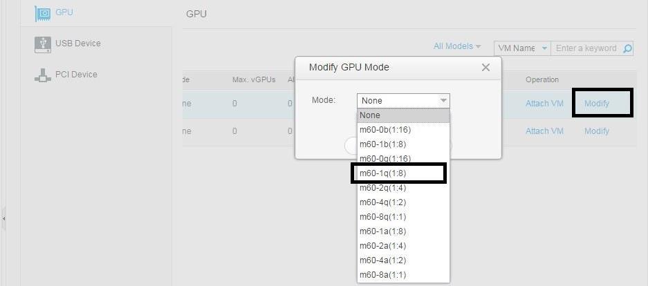 Installing and Configuring NVIDIA GRID Virtual GPU Manager Figure 9 NVIDIA GRID vgpu Types in the Modify GPU Mode Dialog Box The selected vgpu type is listed under Mode for the physical GPU.
