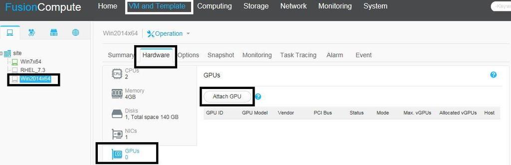 Installing and Configuring NVIDIA GRID Virtual GPU Manager 2..3.1. Attaching a vgpu to a Huawei UVP VM 1. In FusionCompute, navigate to the GPU page for the Huawei UVP VM.