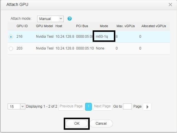 Installing and Configuring NVIDIA GRID Virtual GPU Manager Figure 12 Attach GPU Dialog Box for a Huawei UVP VM The GPU is attached to the VM and the VM is associated with host containing the GPU.