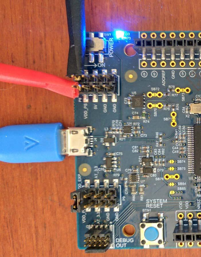 6. Measuring MCU Power Consumption on the EVB To measure only the current consumed by the MCU you can connect a current meter to the header next to the power switch, P8, by removing the red jumper in